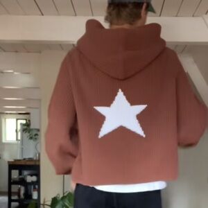 Vwoollo Viral Brown Star Knit Zip Up Hoodie